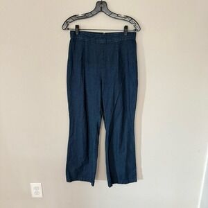 Free People Blue Denim Woven Trouser Pants Size 4 High Waist Wide Leg